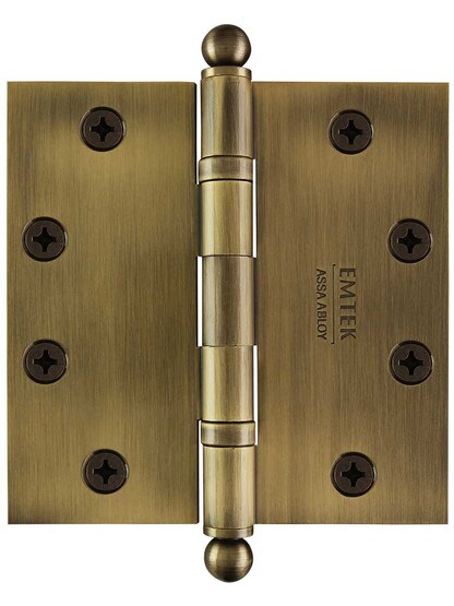 4 1/2 inch Solid Brass Ball-Bearing Door Hinge with Ball Tips in Antique Brass.